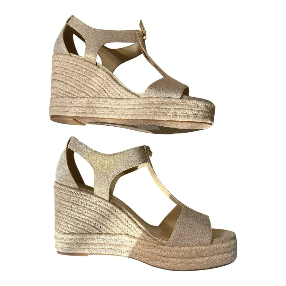 Michael Kors Berkeley Mid Wedge Sandals Size 10 Gold Linen